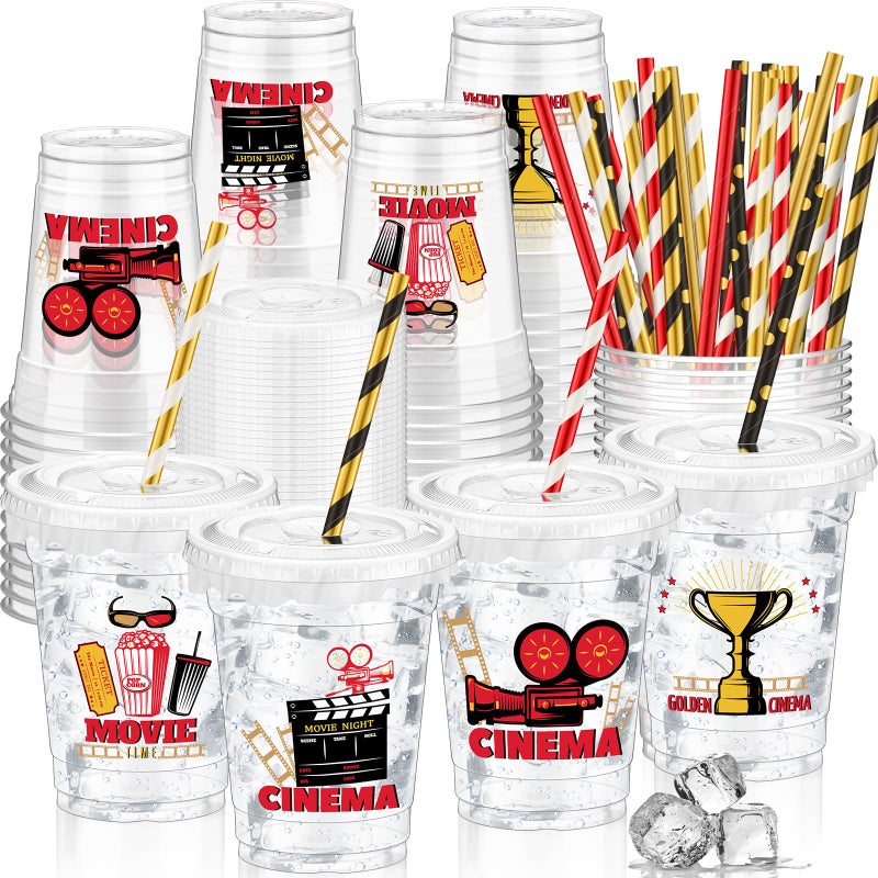FoldTier 50 Pcs Movie Night Cups 12 oz Disposable Plastic Cups with Straws and Lids Cinema Clear mug Birthday mugs Supplies Birthday Table Decorations Party Favor